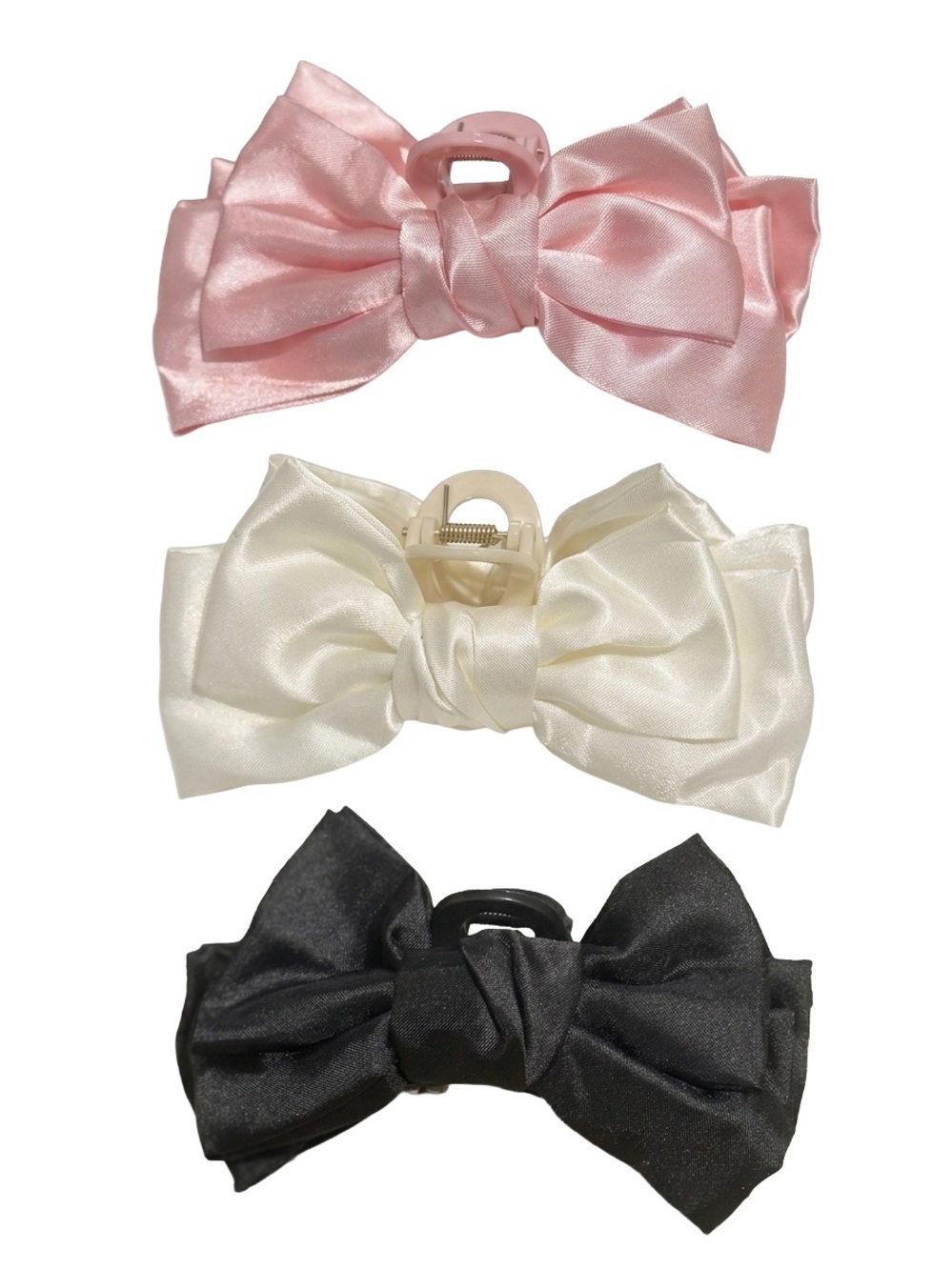 Coquette Oversized Satin Bow Claw Clips Set of 3 Ivory Blush Pink Black